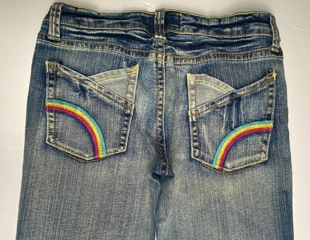 BONAGE 9/10 Jeans Y2K Ultra Low Rise Rainbow Distressed Flare Long 33"